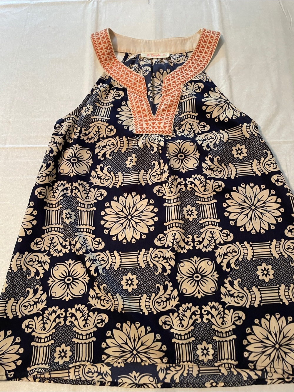 Le Sample Navy & Cream Printed Halter Blouse with Gold Embroidered Trim XS